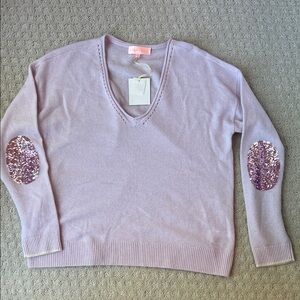 Lisa Todd light weight cashmere sweater. Lilac with sequin elbows.